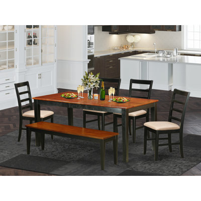 6 Piece Dining Set Contains a Rectangle Dinner Table with Butterfly Leaf and 4 Linen Fabric Dining Room Chairs with a Bench, Black & Cherry
