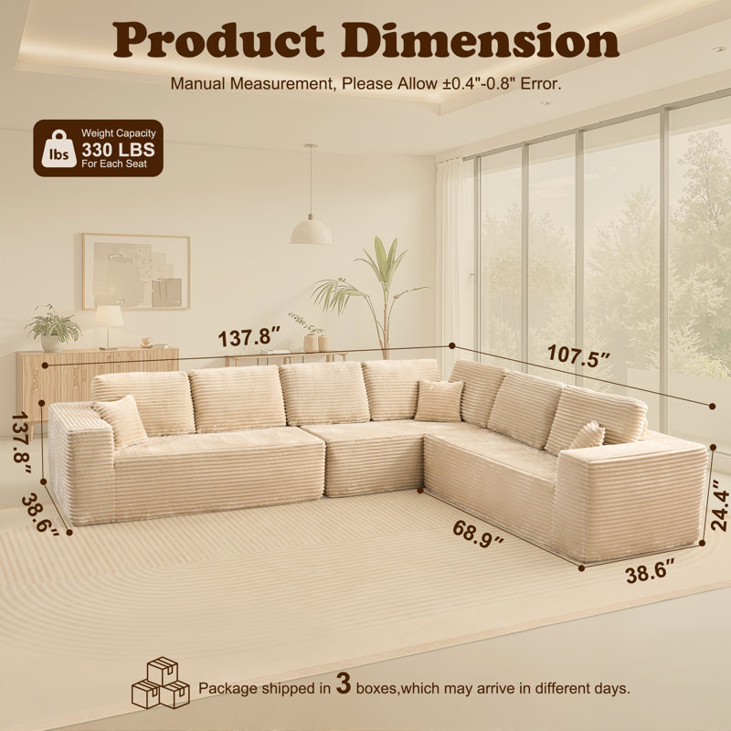 Canapé modulaire en velours côtelé en L 4 pièces Cloudelle - Aucun assemblage requis, Velours côtelé beige