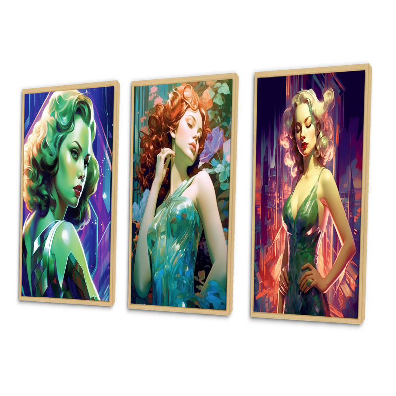 Dreamy Discopunk Retro Queen I - Fashion Art, ensemble de 3 pièces, Cadre naturel flottant, H 28 po x l 36 po