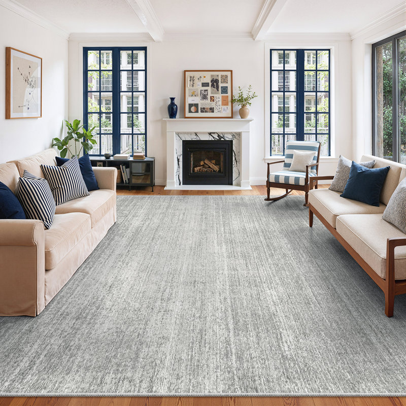 Tapis lavable à rayures rétro antidérapant (beige), Gray, Rectangulaire 8 pi x 10 pi