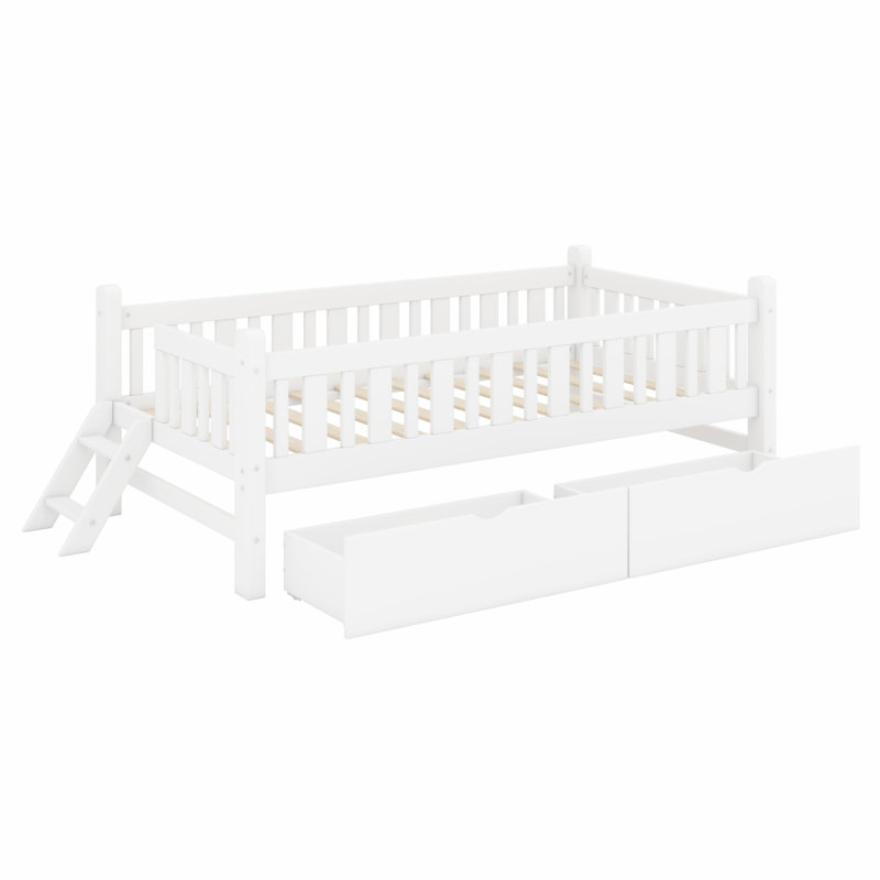 Lit garde-corps en bois avec 2 tiroirs de rangement, Blanc