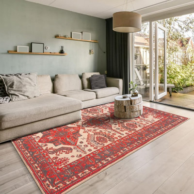 GLN Rugs Collection Vintage - tapis lavable à la machine, tapis lavable rétro, tapis antidérapant, tapis de salon à poils courts, tapis de chambre à coucher, tapis de salle de bain - facile à nettoyer (tapis rouge et noir)