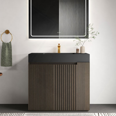 36F" Smoked Oak Bathroom Vanity With Sink, Large Storage Freestanding Bathroom Vanity For Modern Bathroom, Quartz Sink Basin Without Drain And Faucet