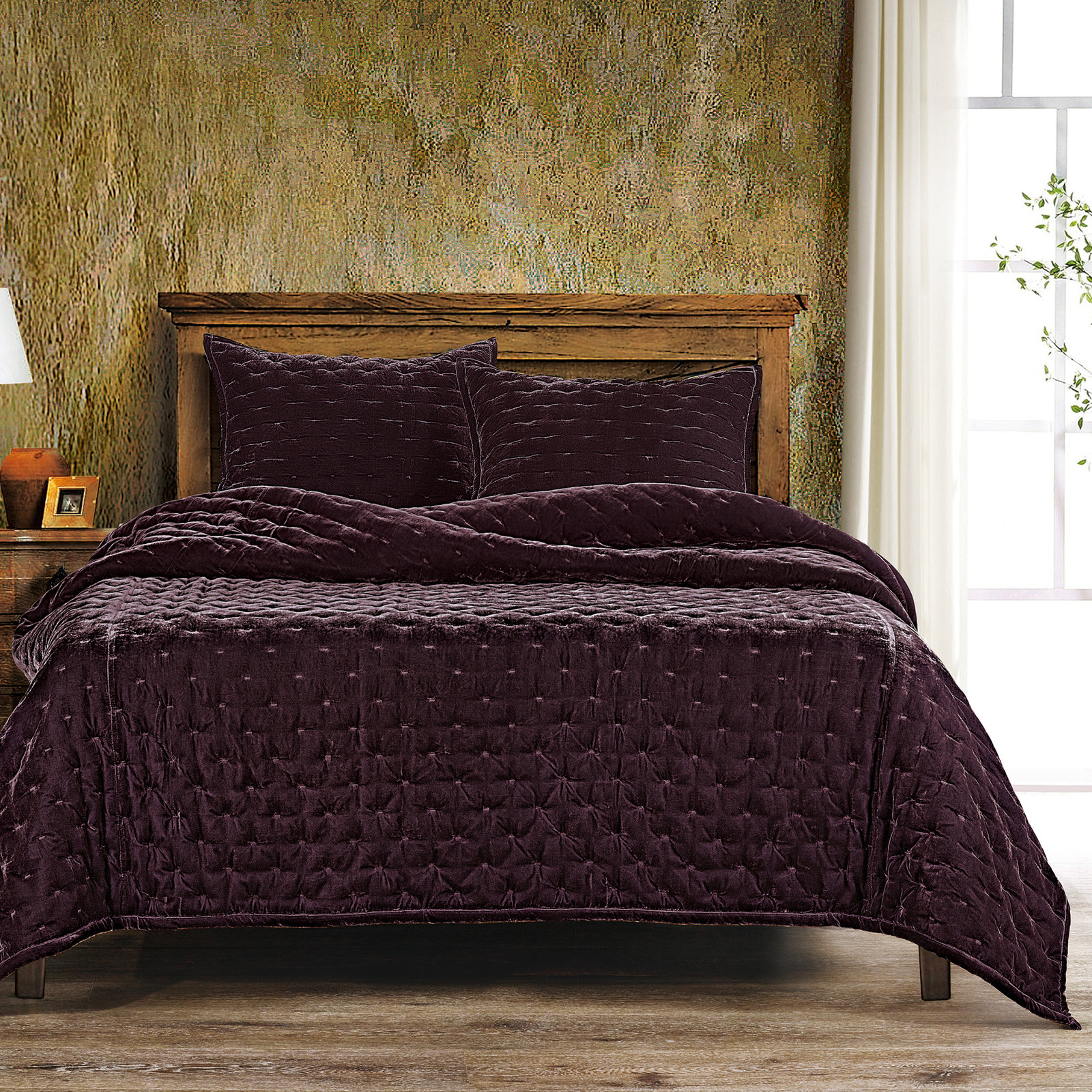 Stella Faux Silk Velvet Classic Chic Modern Rustic Romantic Western Quilt Set, King Quilt + 2 King Shams, Dark Violet