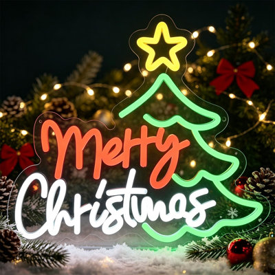 Enseigne lumineuse au néon avec arbre de Noël et étoile Merry Christmas