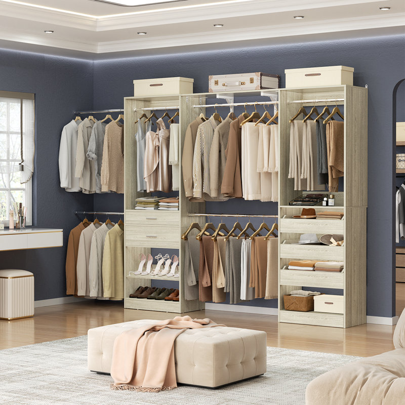 49"-156" W Closet System With Adjustable Shoe Shelves And Drawers, White Wood