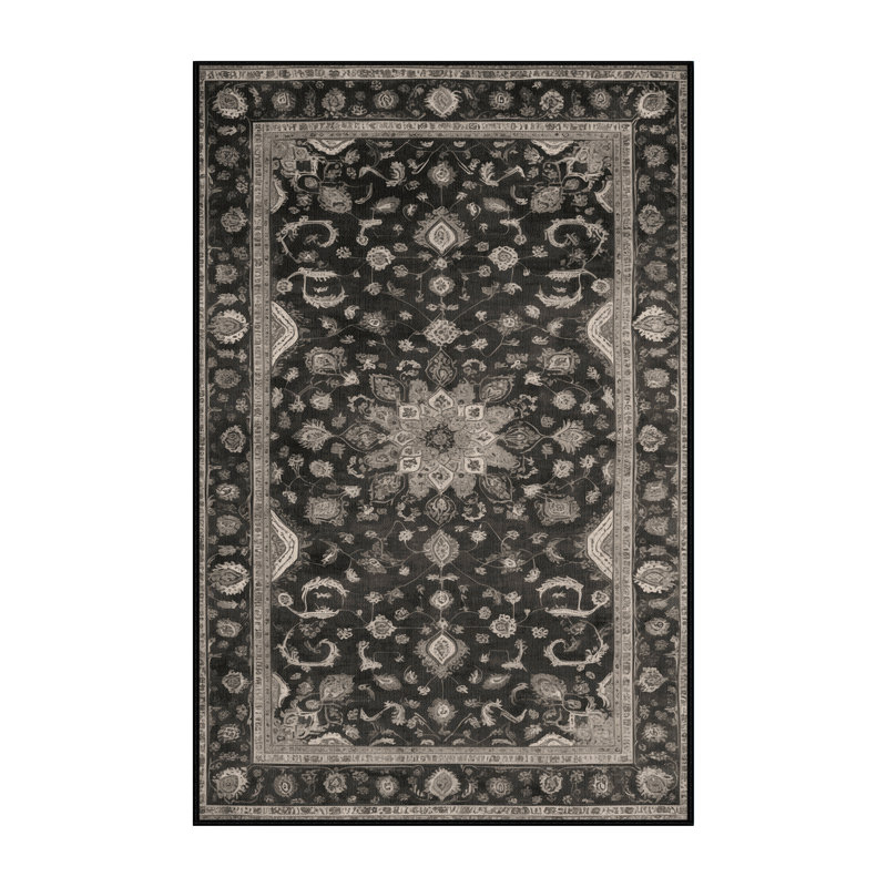 Machine Washable Tabriz Black Area Rug, Rectangle 5' x 7'