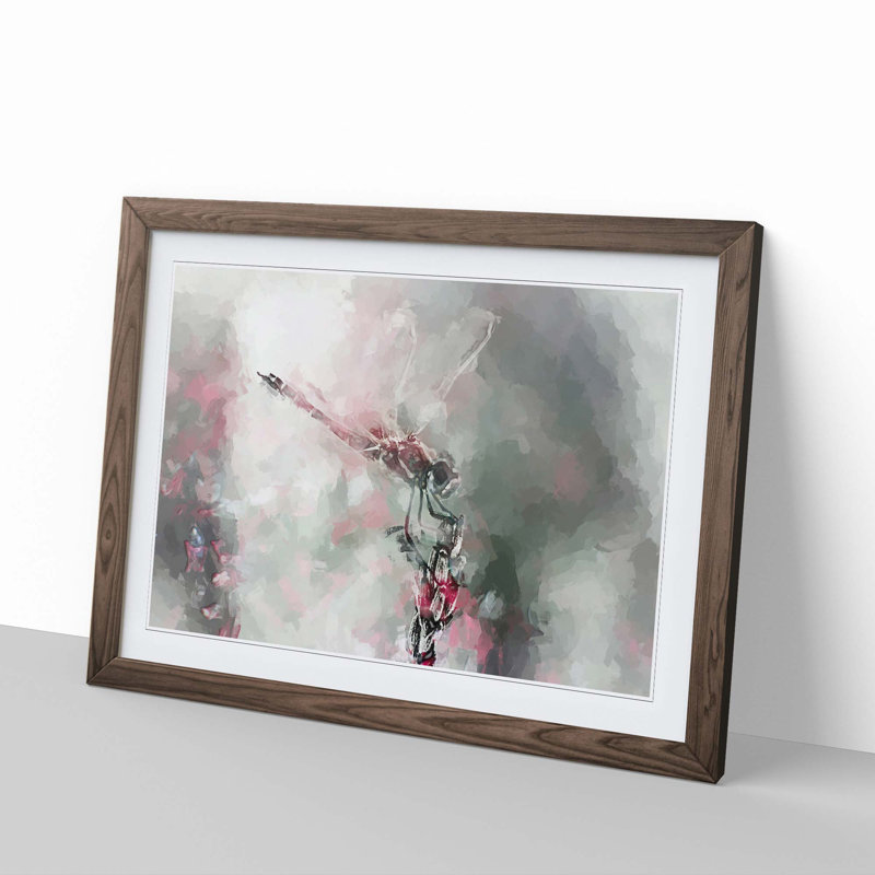 Perched Dragonfly in Abstract - Picture Frame Painting Print, Walnut Framed, 36cm H x 48cm W x 2cm D