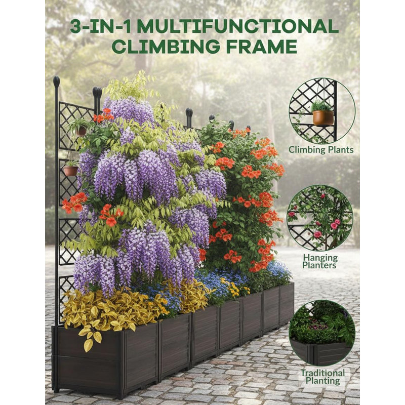 Raised Planter Box with Trellis, Balcony Privacy Screening, 63" H x 114.2" W x 16.2" D