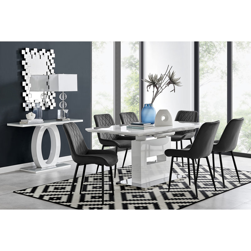 Alezzo Modern High Gloss Extendable Dining Table Set with 6 Luxury Velvet Dining Chairs, Black