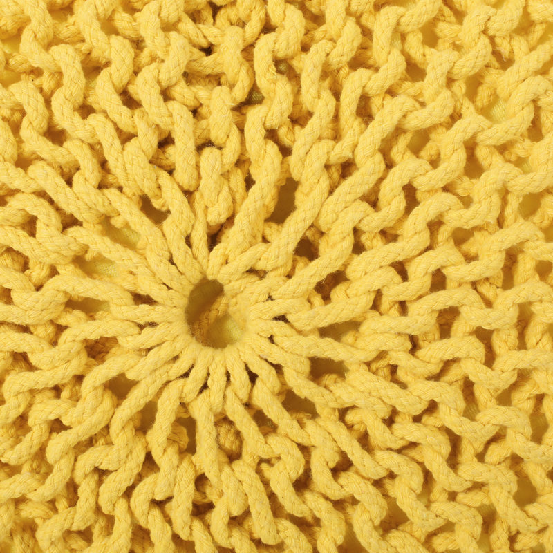 Pouf rond en coton tricoté jaune, facile à poser au sol, supporte jusqu'à 90 kg, accessoire décoratif, nettoyage localisé recommandé, rembourrage en billes, 51,5 cm de profondeur, largeur, 35 cm de hauteur.