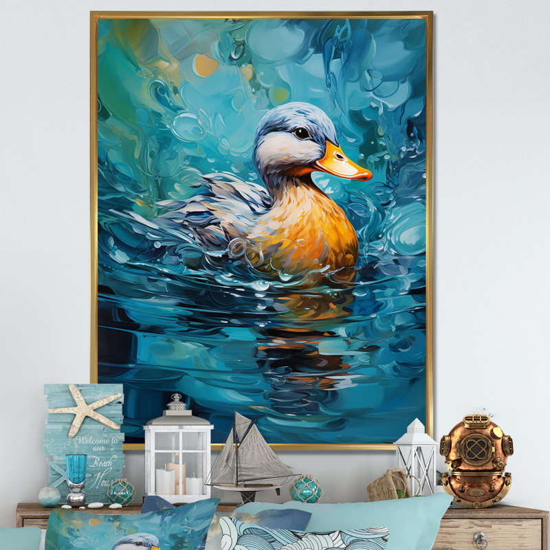 Duck Abstract Ripples III - Duck Animal Wall Art, Gold Floater Framed, 32" H x 24" W