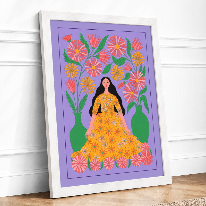 Woman Among Flowers Boho - Framed Print, A2 - 59.4 x 42.0 cm, White
