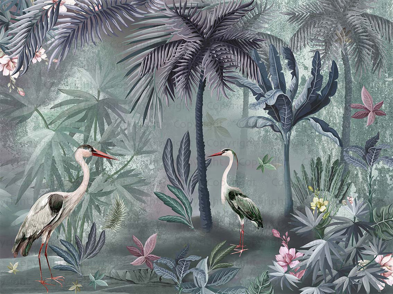 Bay Isle Home™ Serene Tropical Oasis Wallpaper Mural Herons And Palm ...
