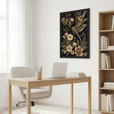 Art mural sur toile noir encadré pour le salon, la chambre à coucher, le bureau ou le vestibule - décoration murale décorative avec libellule dorée