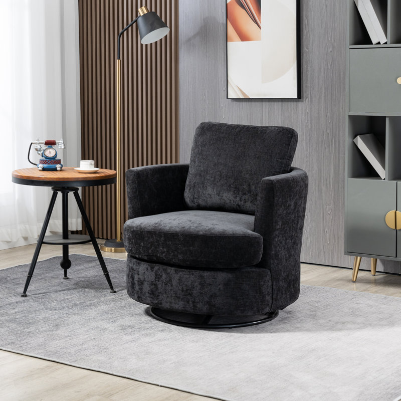 Zarren Upholstered Slipcovered Swivel Barrel Chair, Black Chenille