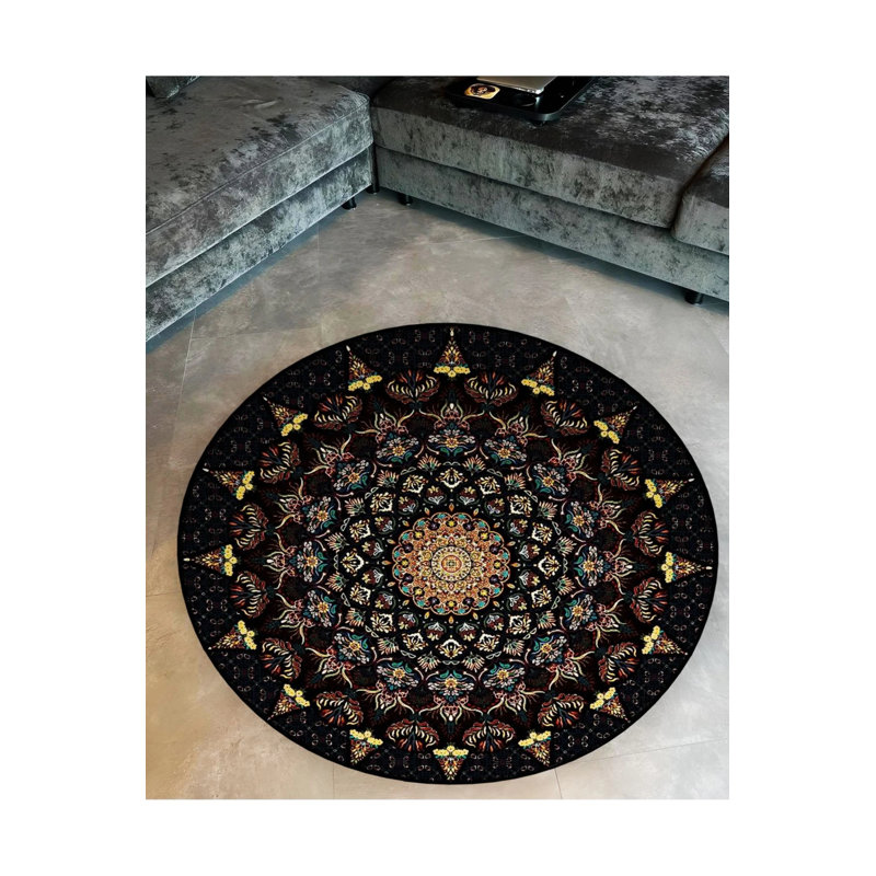Black Antique Woven Base Modern Decorative Carpet, Round 5'