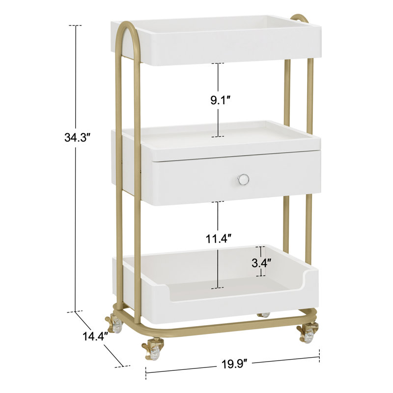 Utility Trolley with Wheels and Drawer, Stylist Rolling Storage Cart, White/Gold