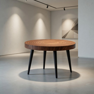 Modern Round Coffee Table - Annular Texture, Durable And Robust With A Diameter Of 23.6 Inches.Exquisite Suction Molding Process,Walnut Color Pattern Design,Black Sprayed Metal Leg.