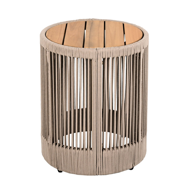 Table d'appoint d'extérieur en corde de rotin et bois d'acacia - Mobilier de balcon de patio pour jardin, cour, balcon, Beige