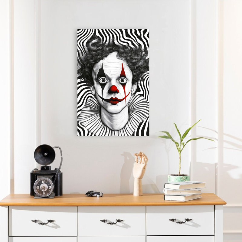 «Eerie Clown Gaze», art contemporain abstrait dramatique, 24" H x 16" W
