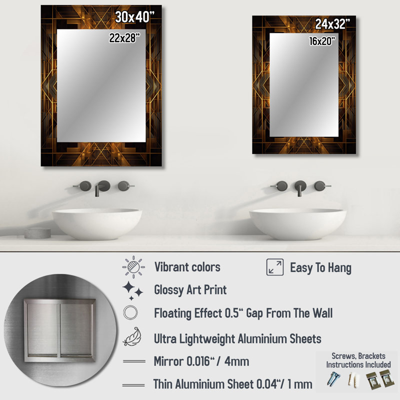 Gold Black Fractal Tide V - Fractals Wall Mirror, Gold Decorative Mirror, Printed Metal Art, 40" x 30"