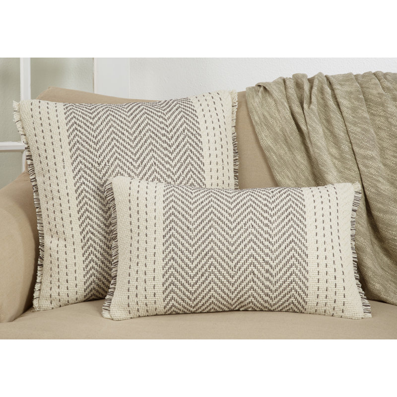 Carey Fringed Cotton Throw Pillow, Feathers, Gray/Ivory