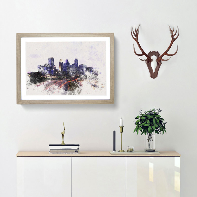 Minneapolis Skyline at Dusk Watercolour - Picture Frame Graphic Art Print, 62cm H x 87cm W x 2cm D, Oak Framed