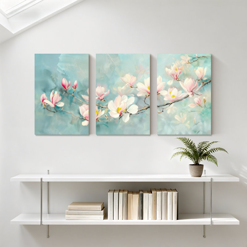 Magnolia rose tendre sur fond bleu, ensemble de 3 impressions sur toile, H 18 po x l 36 po