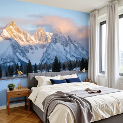 Peel and Stick Wallpaper 144" W x 100" H Modern Self Adhesive Wall Mural for Bedroom Snow Capped Mountain Peaks Sunrise Pine Forest Winter Landscape