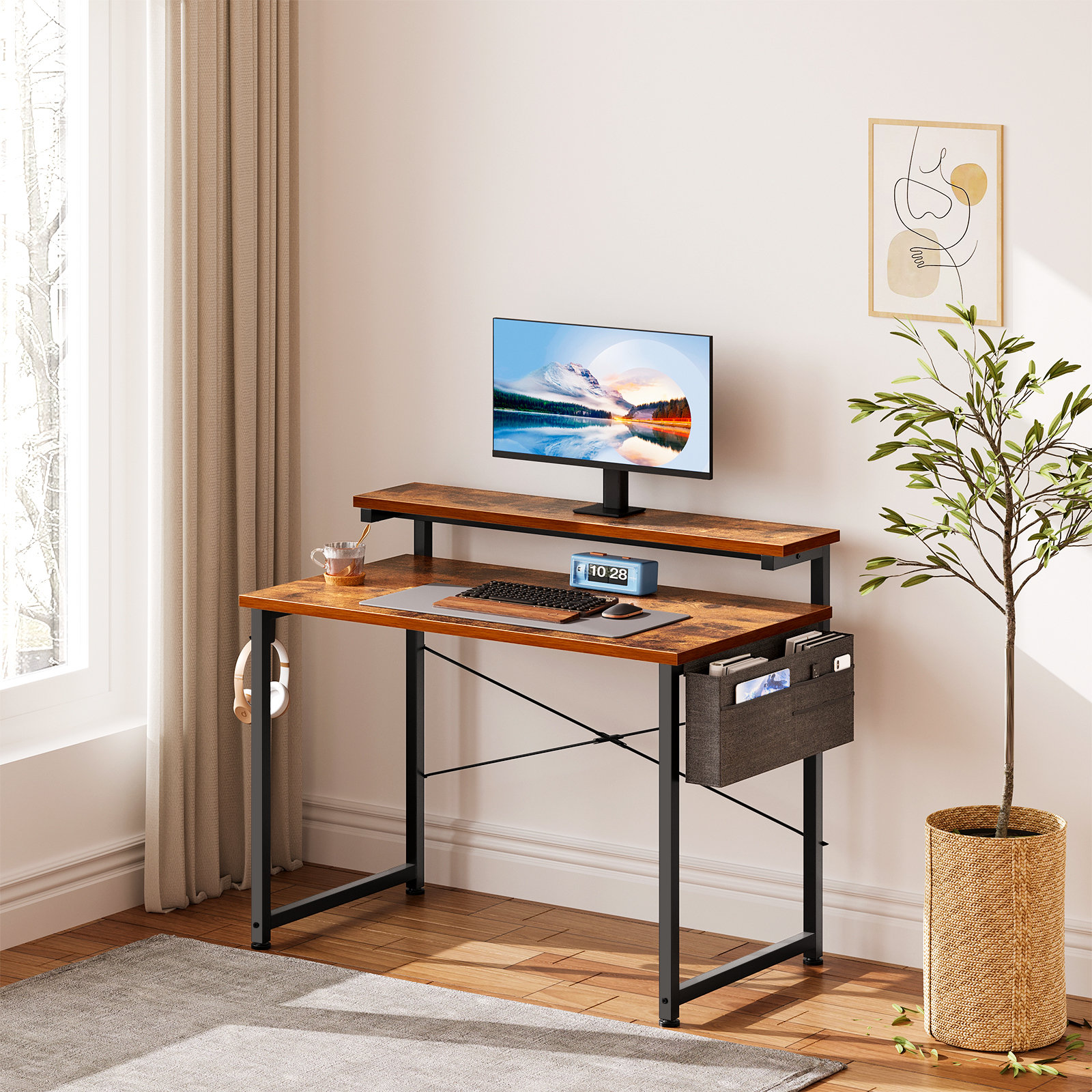Computer Desk Small Office Desk 40 Inch Writing Desks Small Space Desk  Study Table Modern Simple Style Work Table with Storage Bag Iron Hook  Wooden Tabletop Metal Frame for Home, Bedroom 