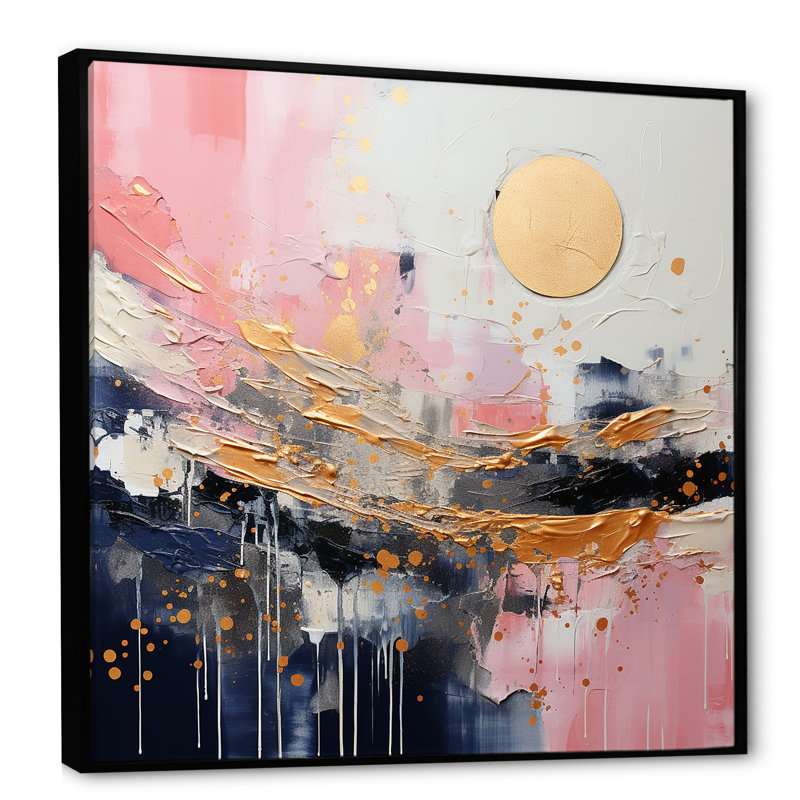 Art moderne encadré doré et rose - formes abstraites modernes, Cadre flottant noir, H 30 po x l 30 po x P 1,5 po