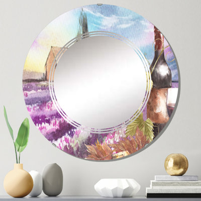 Bouteilles et feuilles de raisin, un champ de lavande III - miroir mural rond