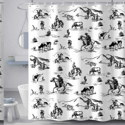 Wild West Cowboy Ride Shower Curtain - Desert Cactus Farmhouse Decor Black