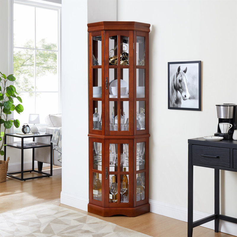 Vitrine de coin avec 5 tablettes réglables et système d'éclairage intégré, Noyer
