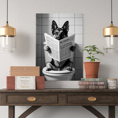 Canvas Wall Art Dog Sitting on The Toilet Reading A Newspaper Poster 1-1 Vintage Poster Print Home Decor