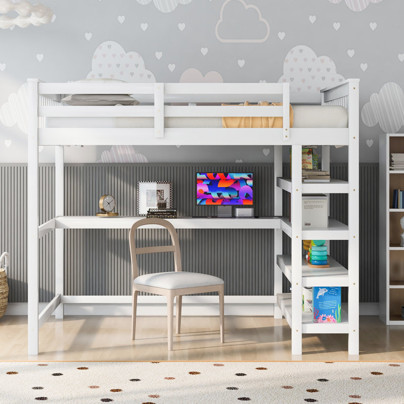 Lit mezzanine avec bureau intégré et tablettes, Blanc, Complète