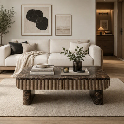 Contemporary Rectangular Coffee Table with Walnut Faux Marble Top and Fluted Drawer