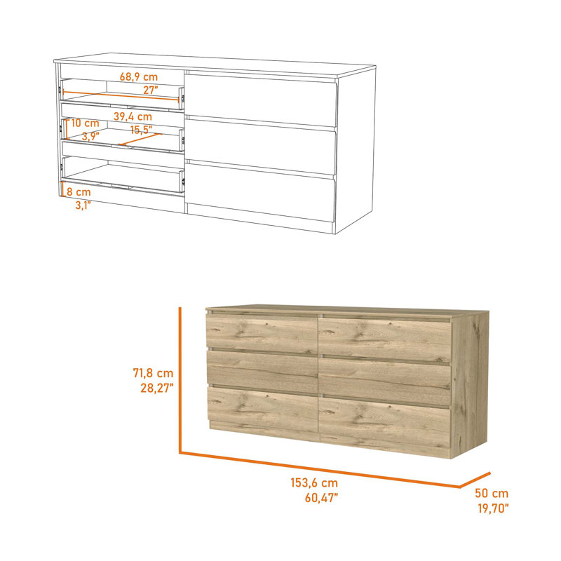 Commode double 6 tiroirs 60,47 "Alohna Randwick, Chêne clair