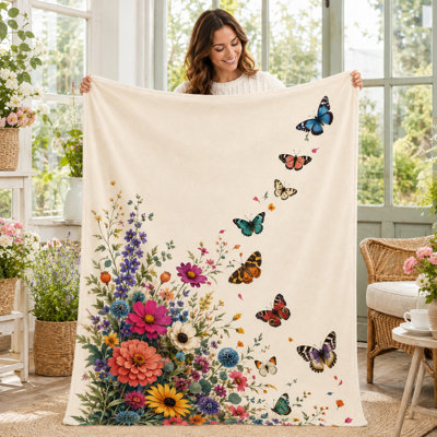 Wildflower Bouquet Butterfly Throw Blanket, Cream Floral Garden Design with Colorful Wings and Open Space for Sofa, Bed and Reading Chair Use, 40 x 50 in