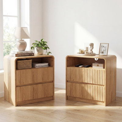 24" Fluted Nightstand with LED & Charging Station,2 Drawers, Wooden Bedside Table for Bedroom, Living Room