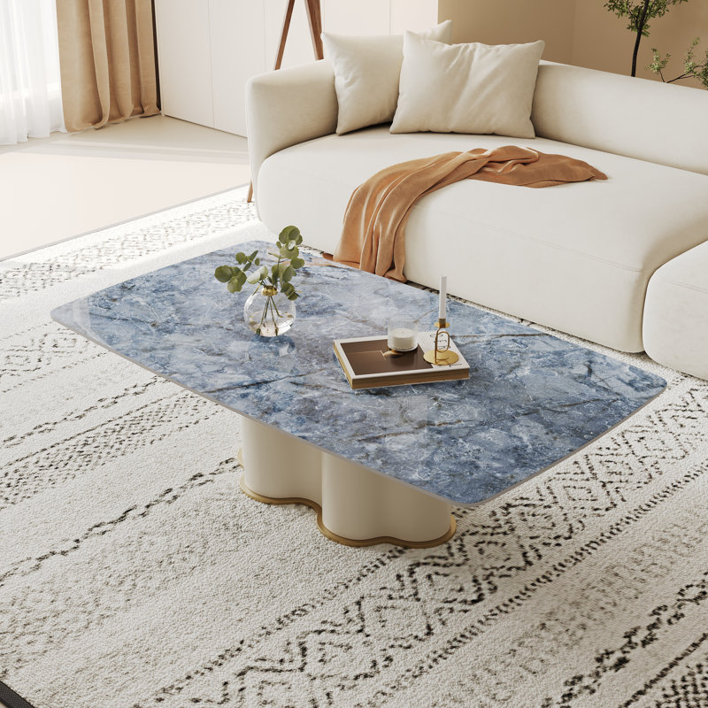 Table basse 52 po en marbre bleu, grande table centrale rectangulaire avec base en acier inoxydable