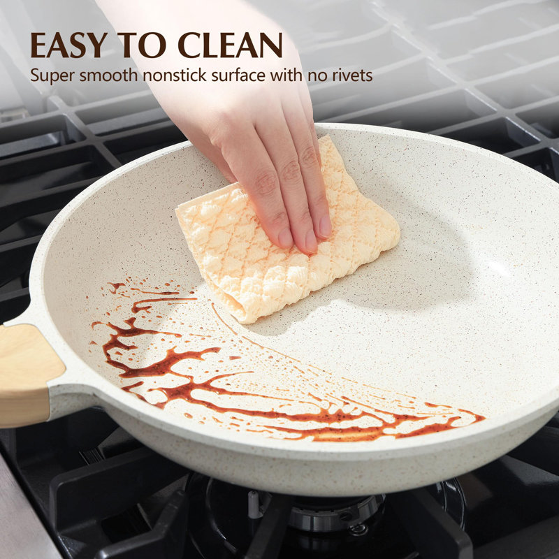 White Ceramic Nonstick Frying Pan with Lid and Woodgrain Handle