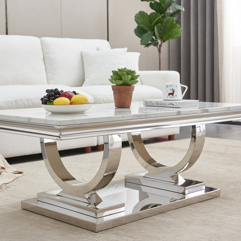 Skailar Pedestal Coffee Table,Faux Marble Top Metal Base, White, Silver