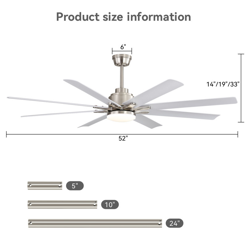 Ventilateur de plafond intelligent de 52 pouces avec lumières, Argent argent, Blanc