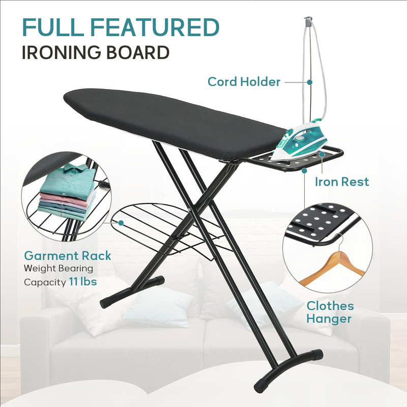 Ironing Board 48X15 In,  Large Heavy Duty Ironing Boards Full Size With Pad And Cover, Height Adjustable Iron Stand With Storage Tray And Iron Rest, Black