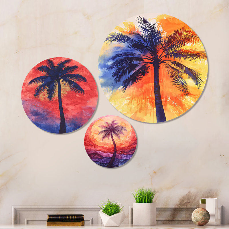 Tourbillon radiant de palmiers à Miami - ensemble d'art mural en métal imprimé tropical 3 pièces
