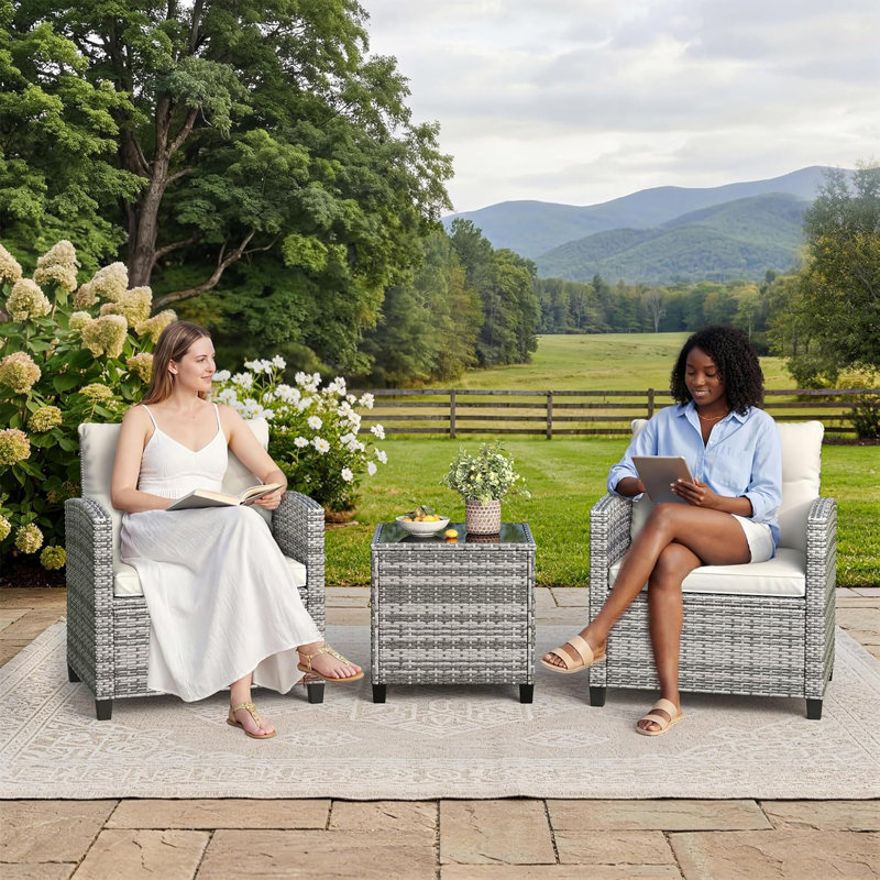 3 Pieces Patio Furniture Set, PE Rattan Patio Conversation Set with Tempered Glass Tabletop, Beige, Gray
