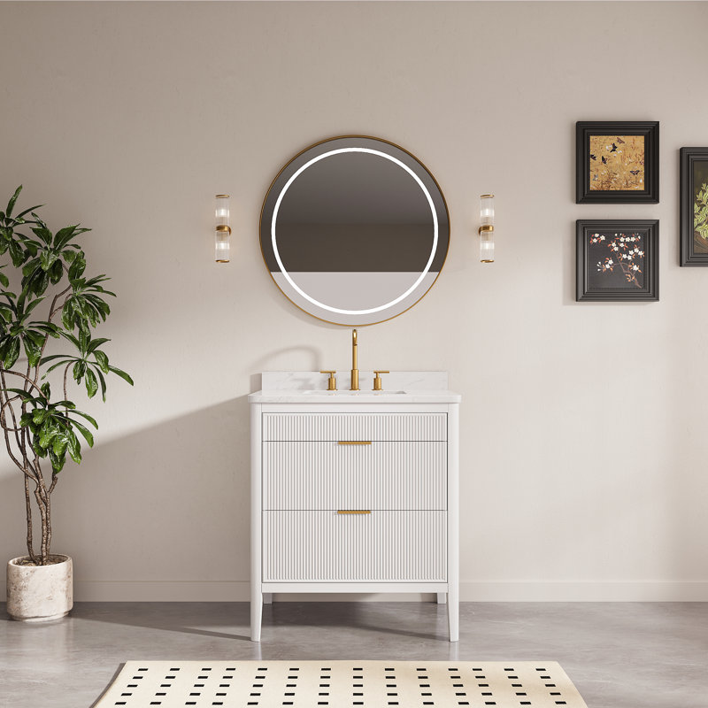 Meuble-lavabo autoportant entièrement assemblé avec comptoir en pierre reconstituée blanche, Blanc, 30"