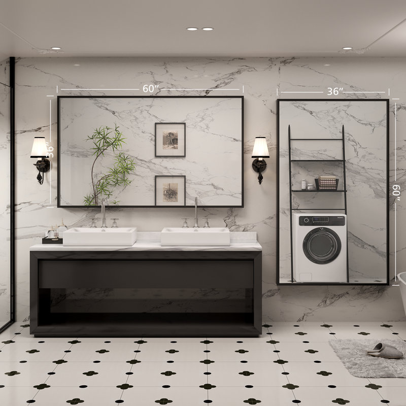 Molly Tempered Glass and Metal  Alloy Square-Corner Framed French Cleat Mounted Wall Bathroom / Vanity Mirror, 60" x 36"